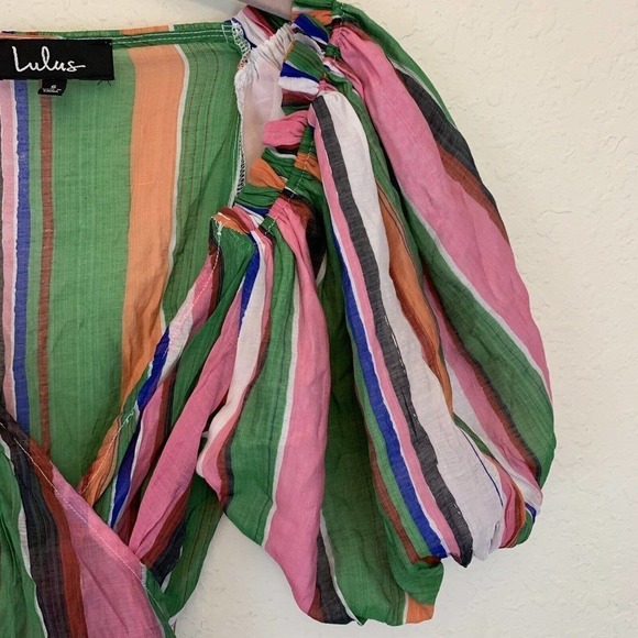 Lulus Bermuda Pink Rainbow Striped Balloon Sleeve Swim Cover Up Womens Small - Picture 7 of 7